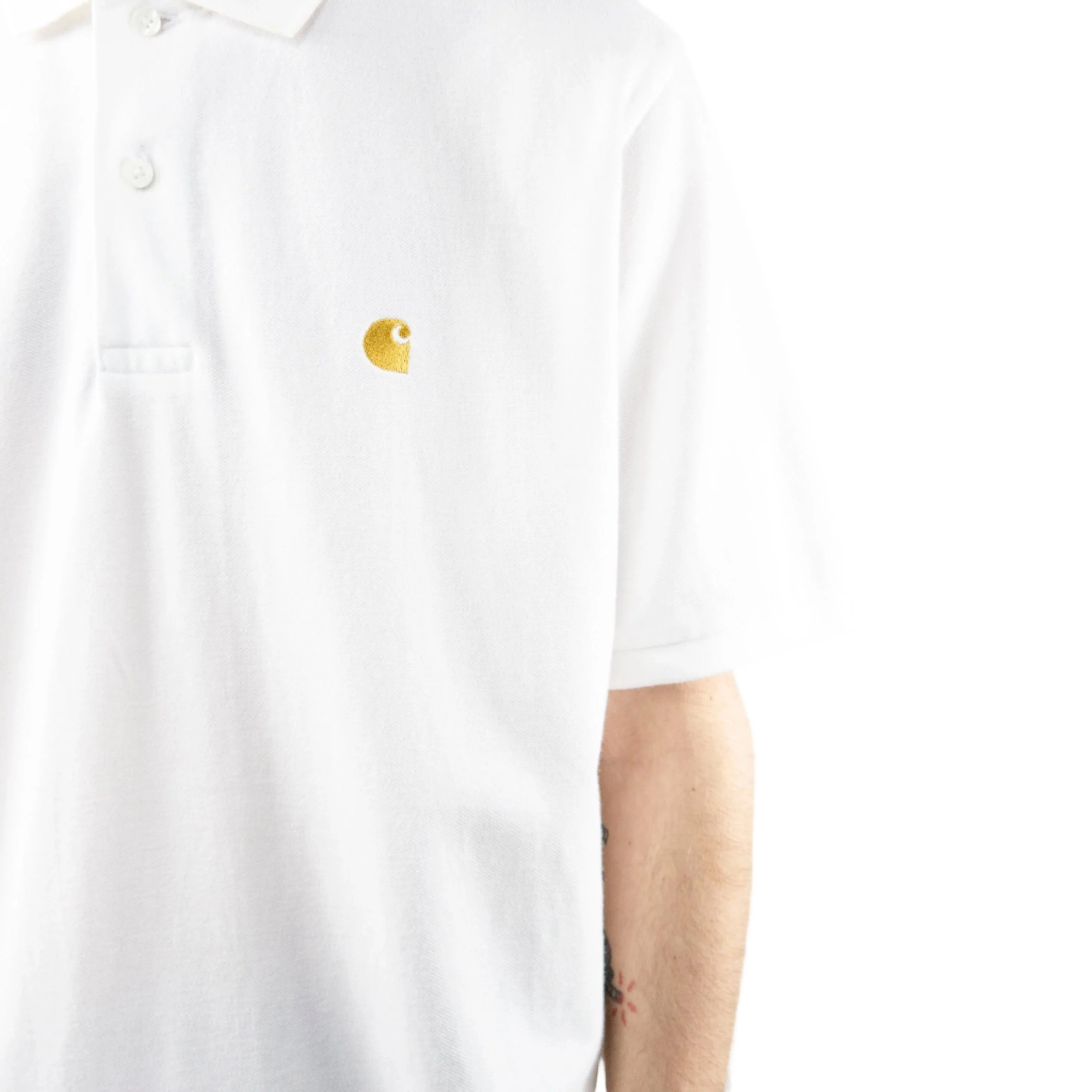 Carhartt WIP Chase Pique Polo T-Shirt - White/Gold - Image 4
