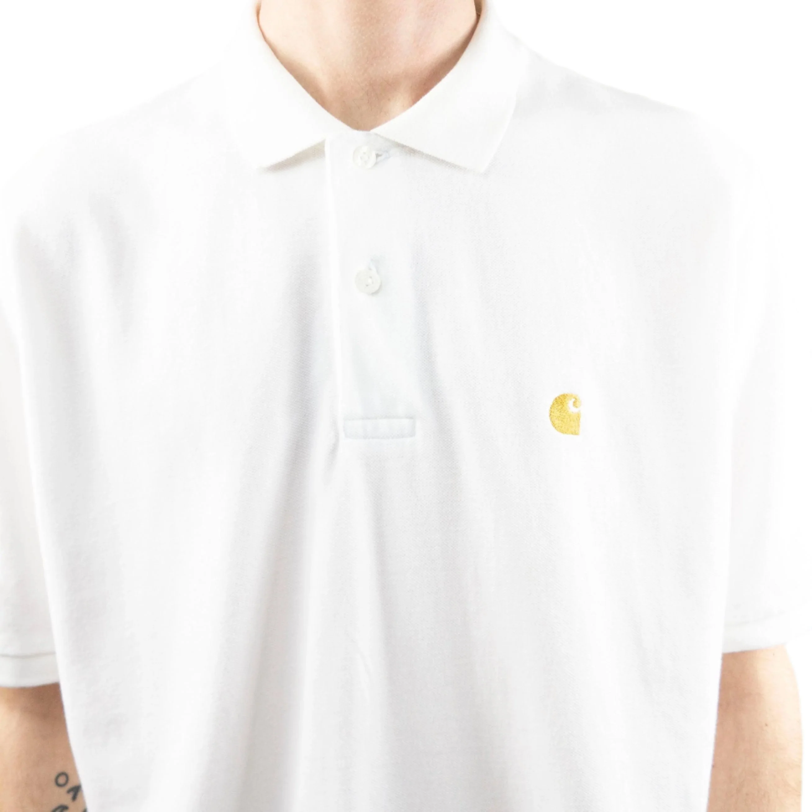 Carhartt WIP Chase Pique Polo T-Shirt - White/Gold - Image 5