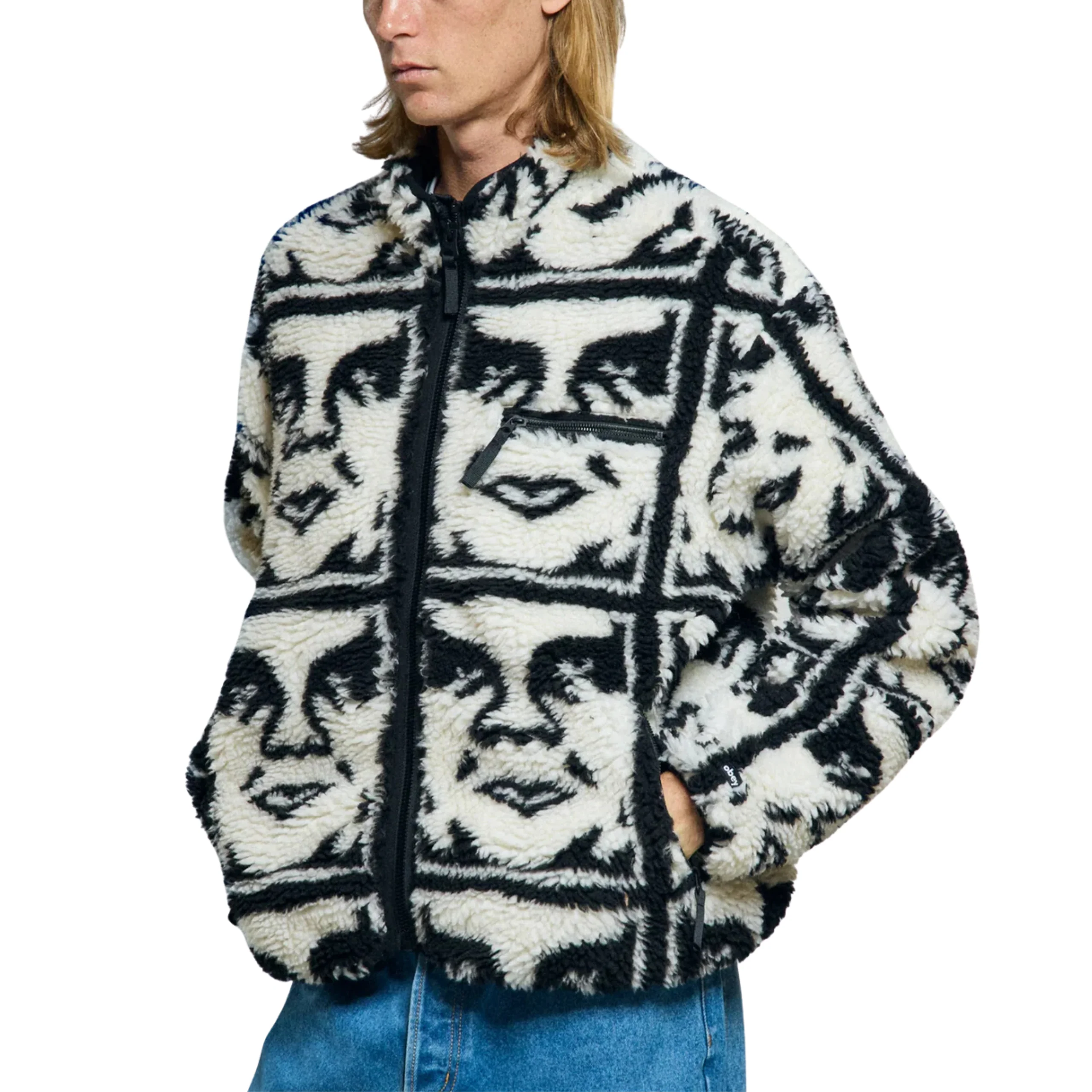 OBEY Repeated Icon Sherpa Jacket - Black / White - Image 3