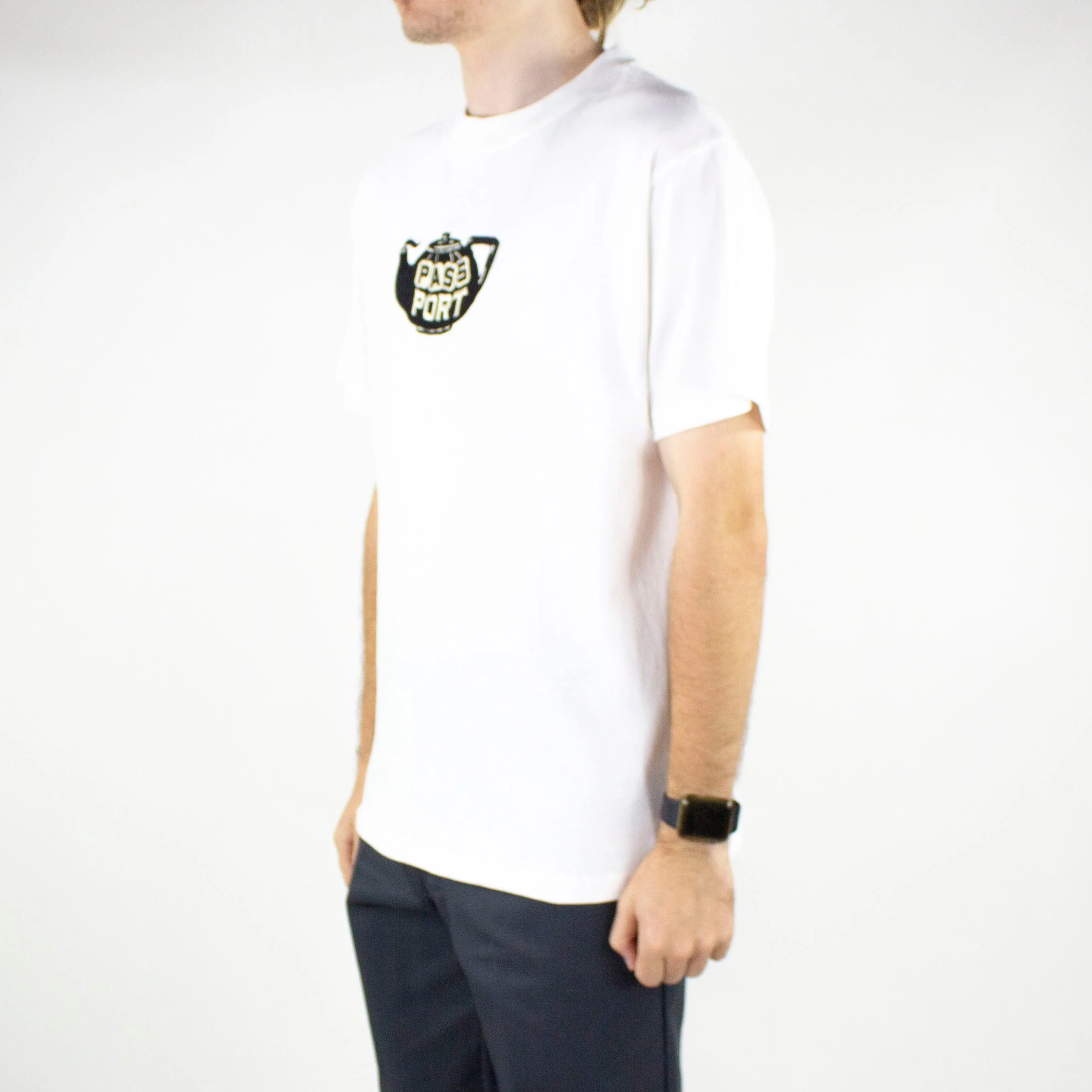 Pass Port Tea-Pot Embroidery T-Shirt - White - Image 3